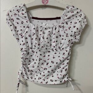 Justice White Crop Top with Pink & Burgundy Floral Print